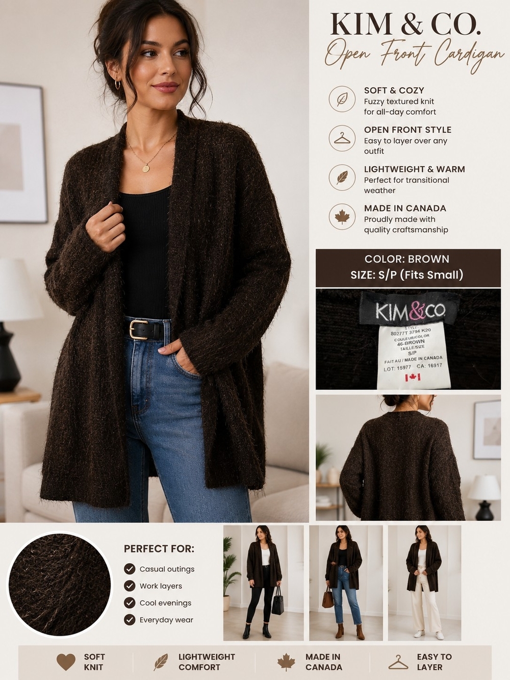 Brown Open-Front Fuzzy Cardigan